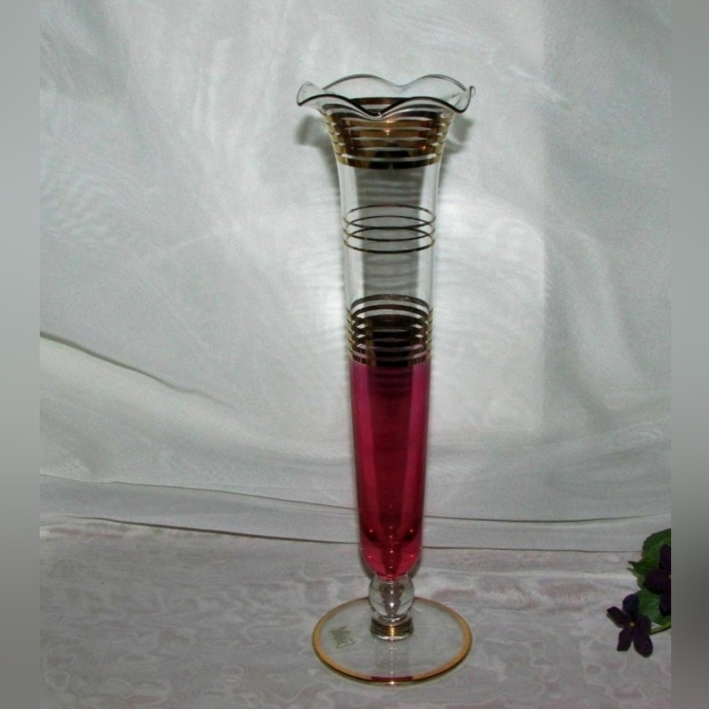 Vintage Red Glass Vase Cranberry Flash Footed Gold Bands 10" Mid-century Decor